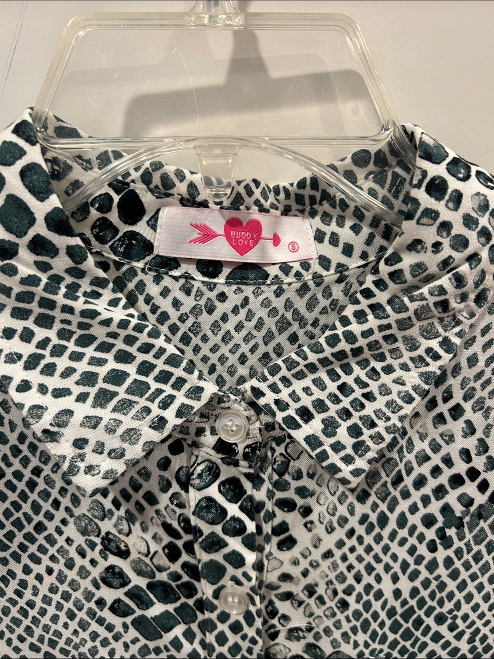 Buddy Love Short-Sleeve Button-Up Shirt in dark green and White Snake Print - Picture 2 of 11
